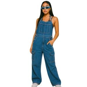 Vintage 90s Y2K denim halter cargo jean overalls